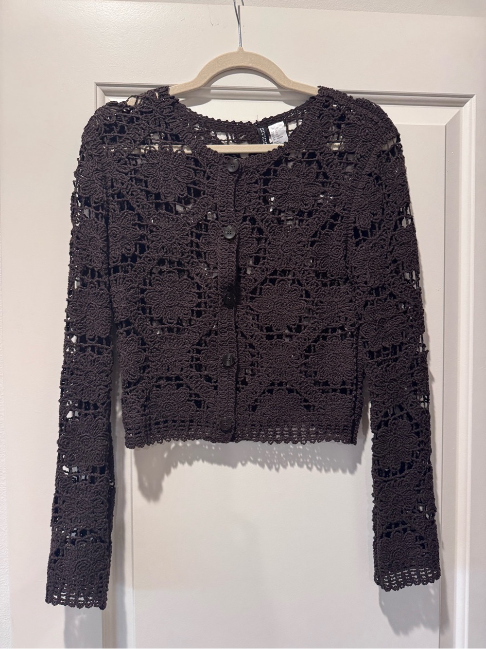 Crocheted Floral Openwork Women's Cardigan Sweater - Dark Brown